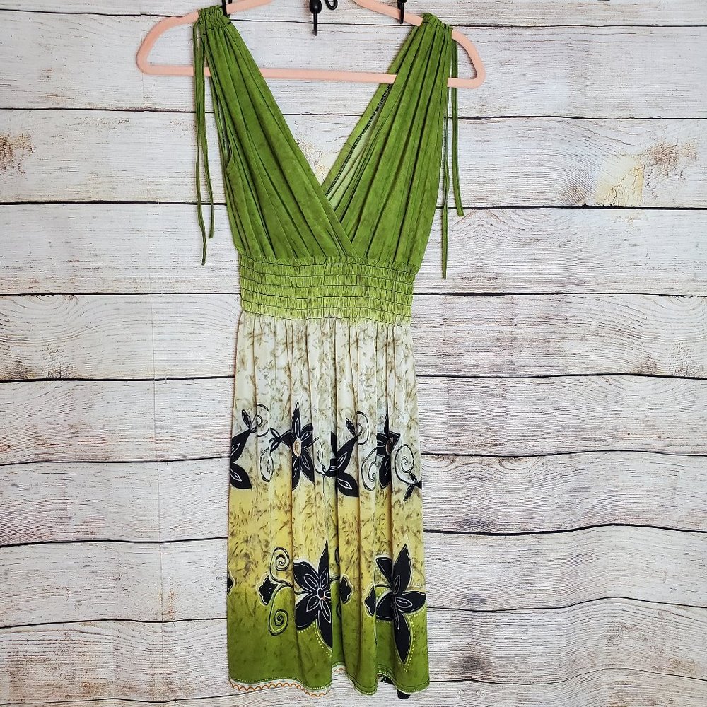 Tropical Floral Dress with Ruched Shoulders